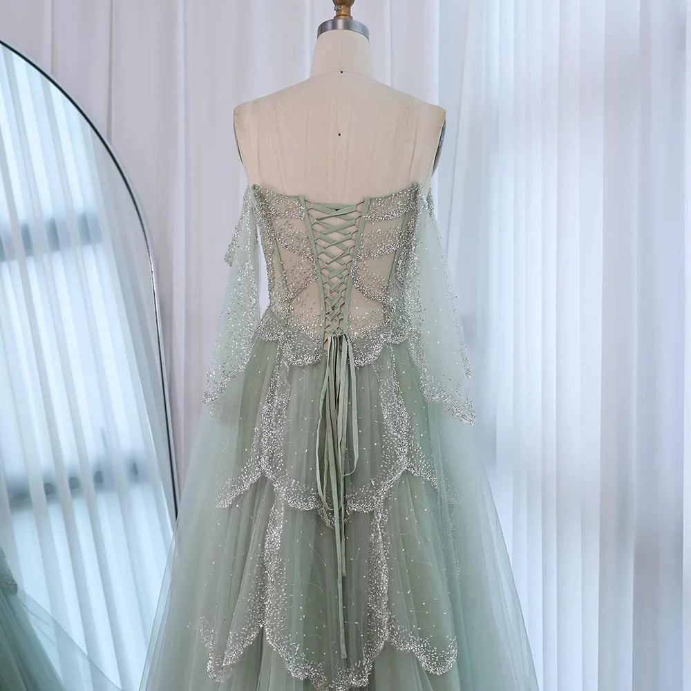 Luxury Arabic Sage Green Beaded A-Line Evening Dress with Cape LA72605A