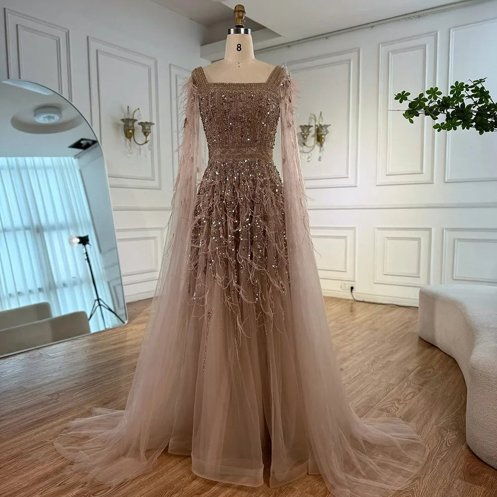 Elegant Blue Beaded Feather A-Line Evening Dress With Cape LA73043
