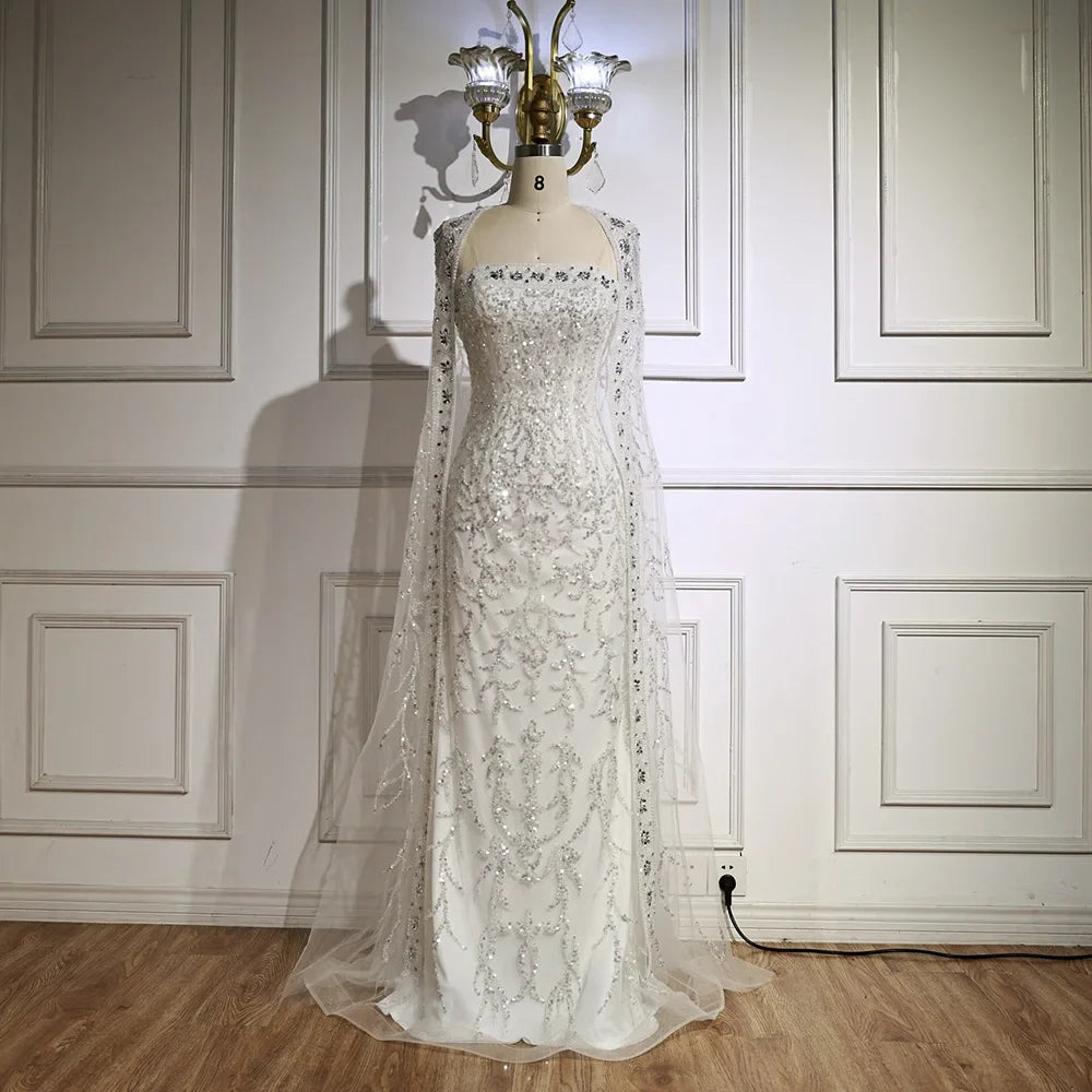 Luxury White Dubai Arabia Beading Evening Dress With Cape LA72870