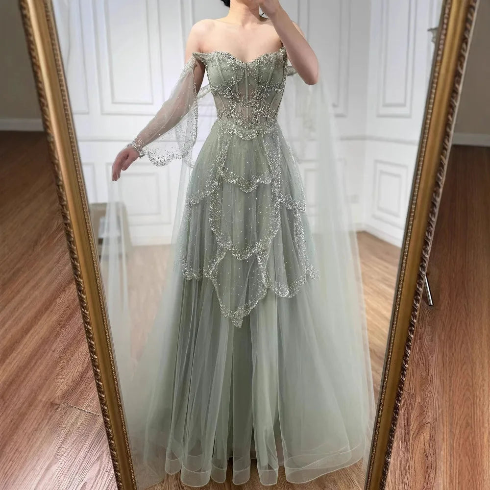 Luxury Arabic Sage Green Beaded A-Line Evening Dress with Cape LA72605A