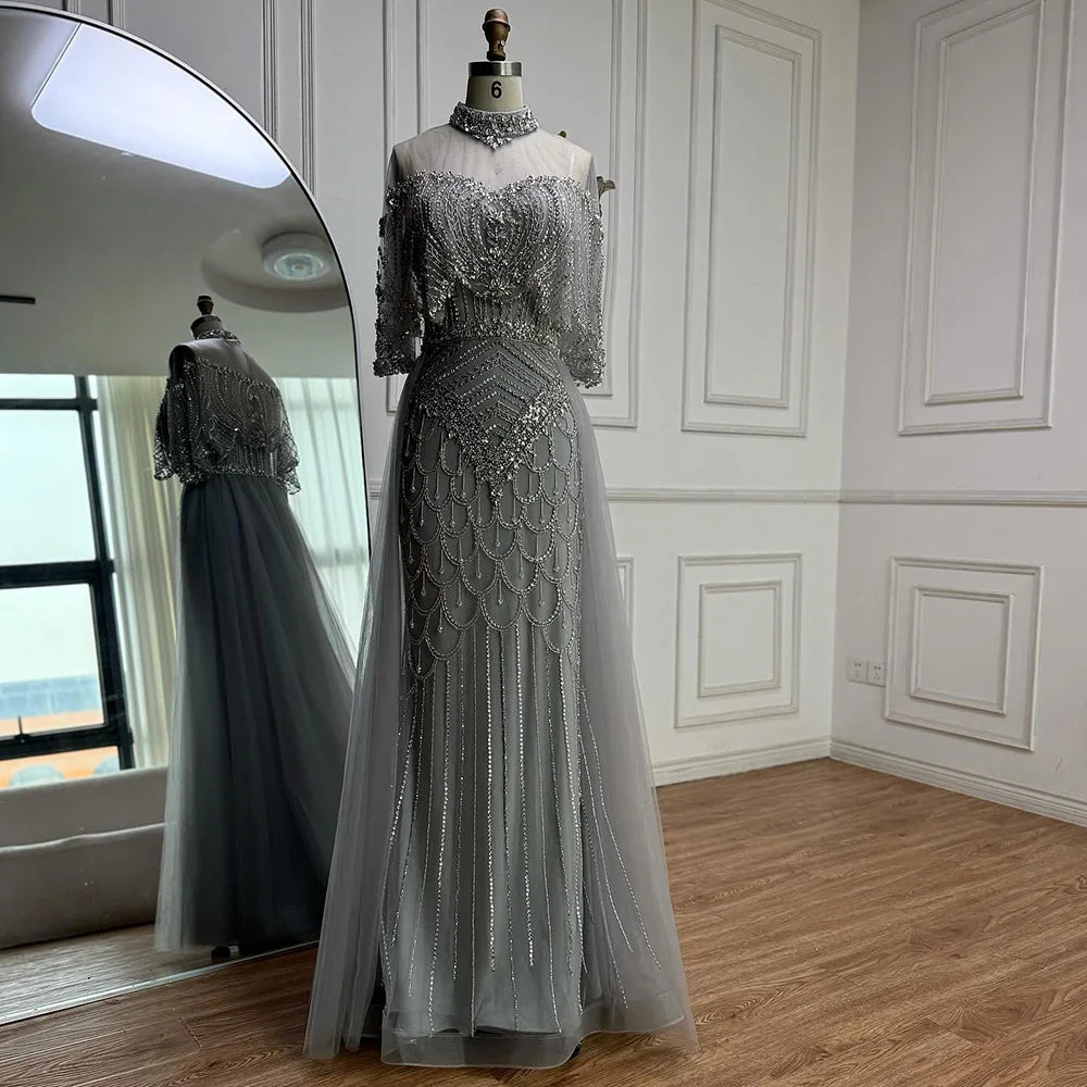 Luxury Gray Beaded Evening Dress with Overskirt LA73129