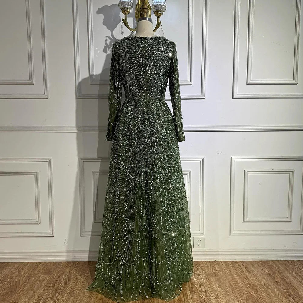 Luxury Olive Green Beaded A-Line Modest Evening Dress LA72738B