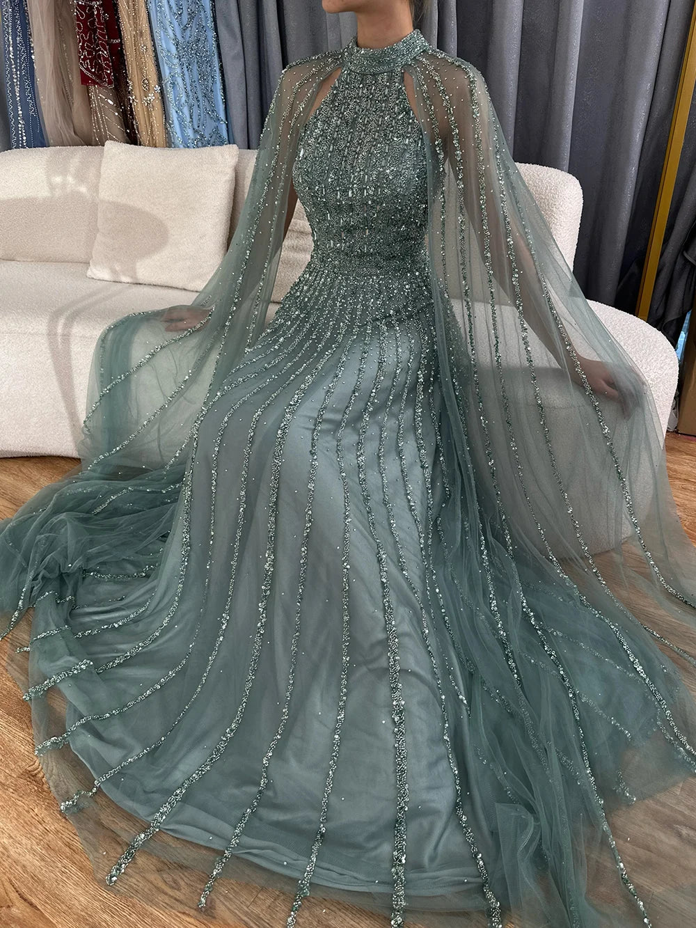 Luxury Caramel A-Line Cape Sleeve Beaded Evening Dress LA72306B