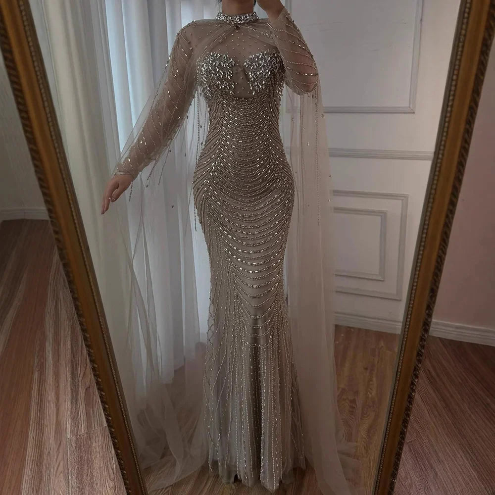 Luxury Pink Beaded Cape Sleeve Arabic Evening Dress LA73134