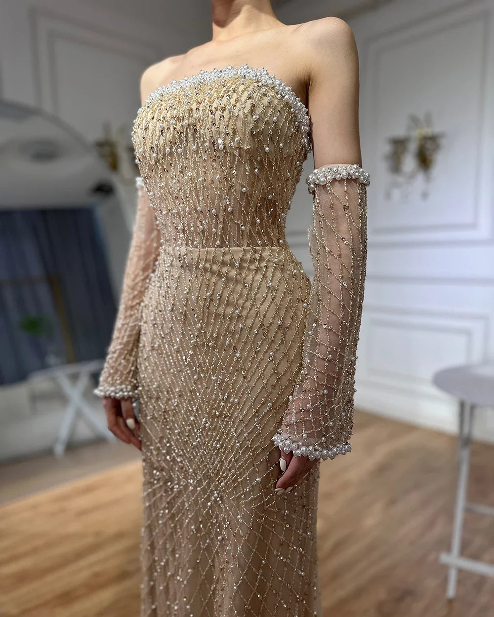 Dubai Elegant White Nude Beaded Evening Dress with Gloves LA72649