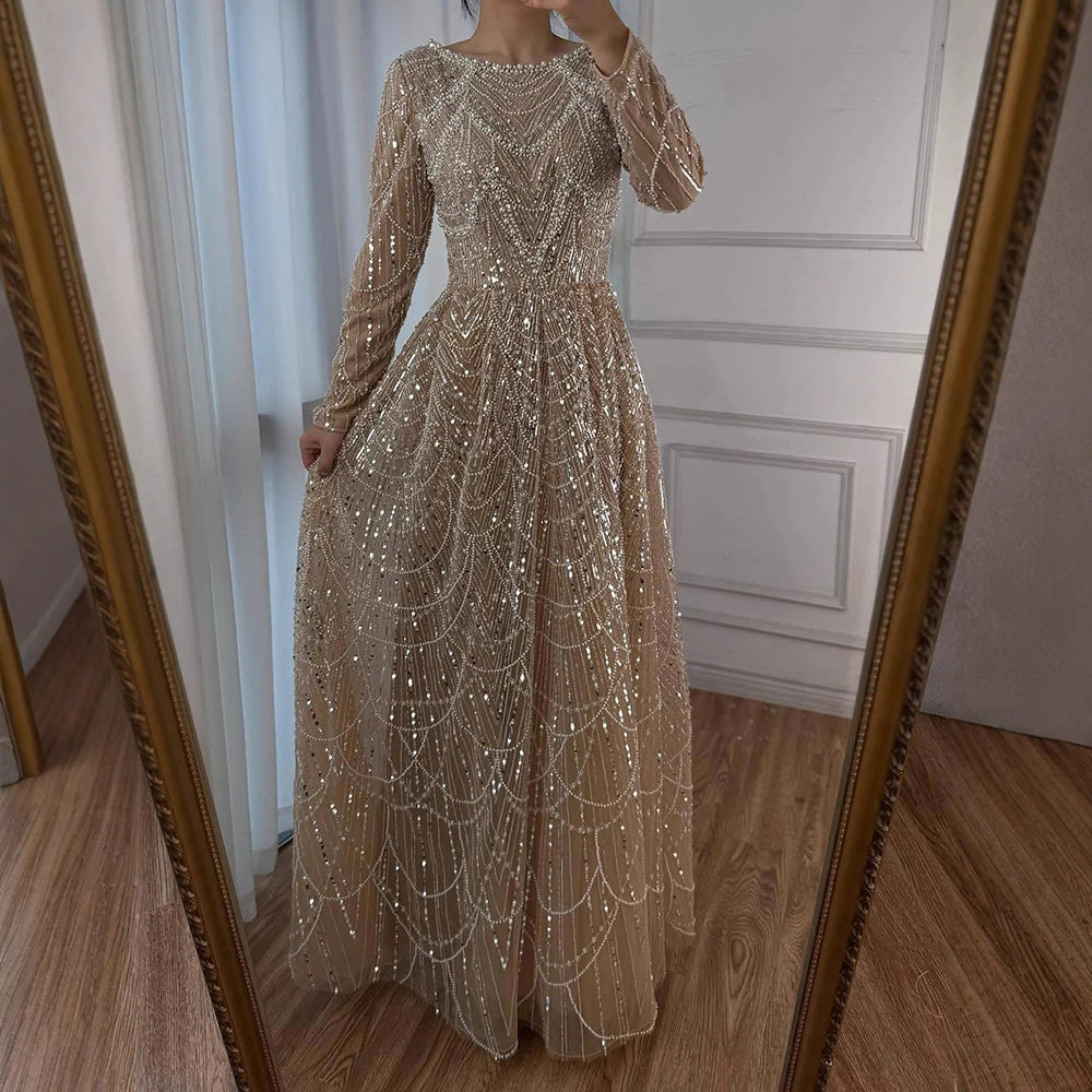 Luxury Olive Green Beaded A-Line Modest Evening Dress LA72738B