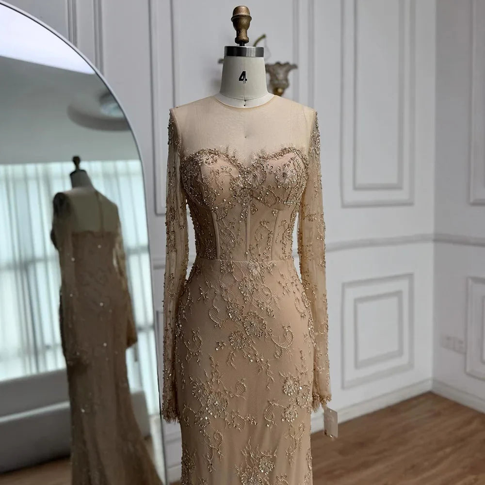 Luxury Arabic Lace Beaded Mermaid Evening Dress with Sleeves LA72545