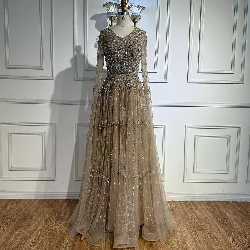 Elegant A-Line Beaded Evening Dress with Cape Sleeves LA73075