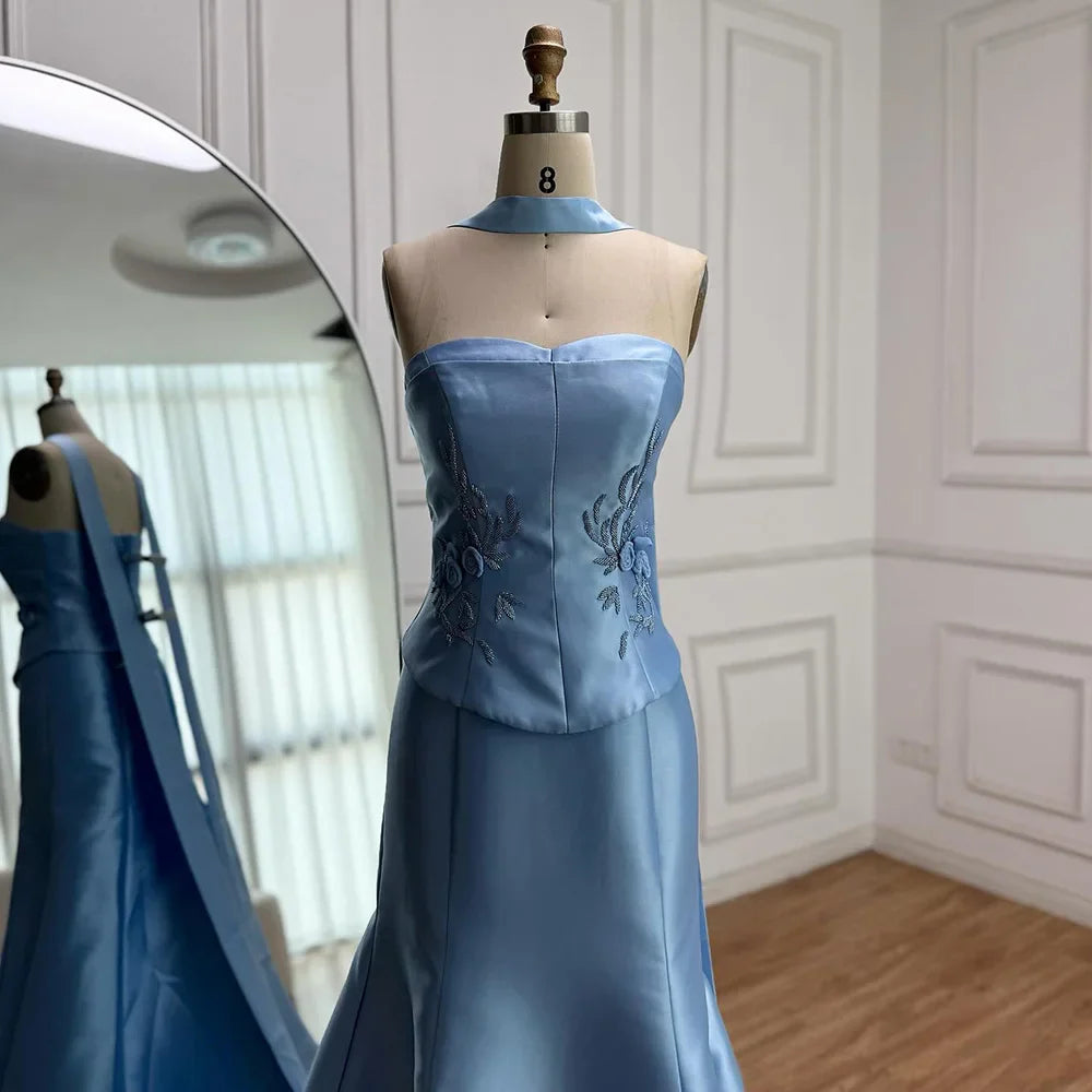 Luxury Blue Satin Mermaid Evening Dress with Long Scarf LA72831