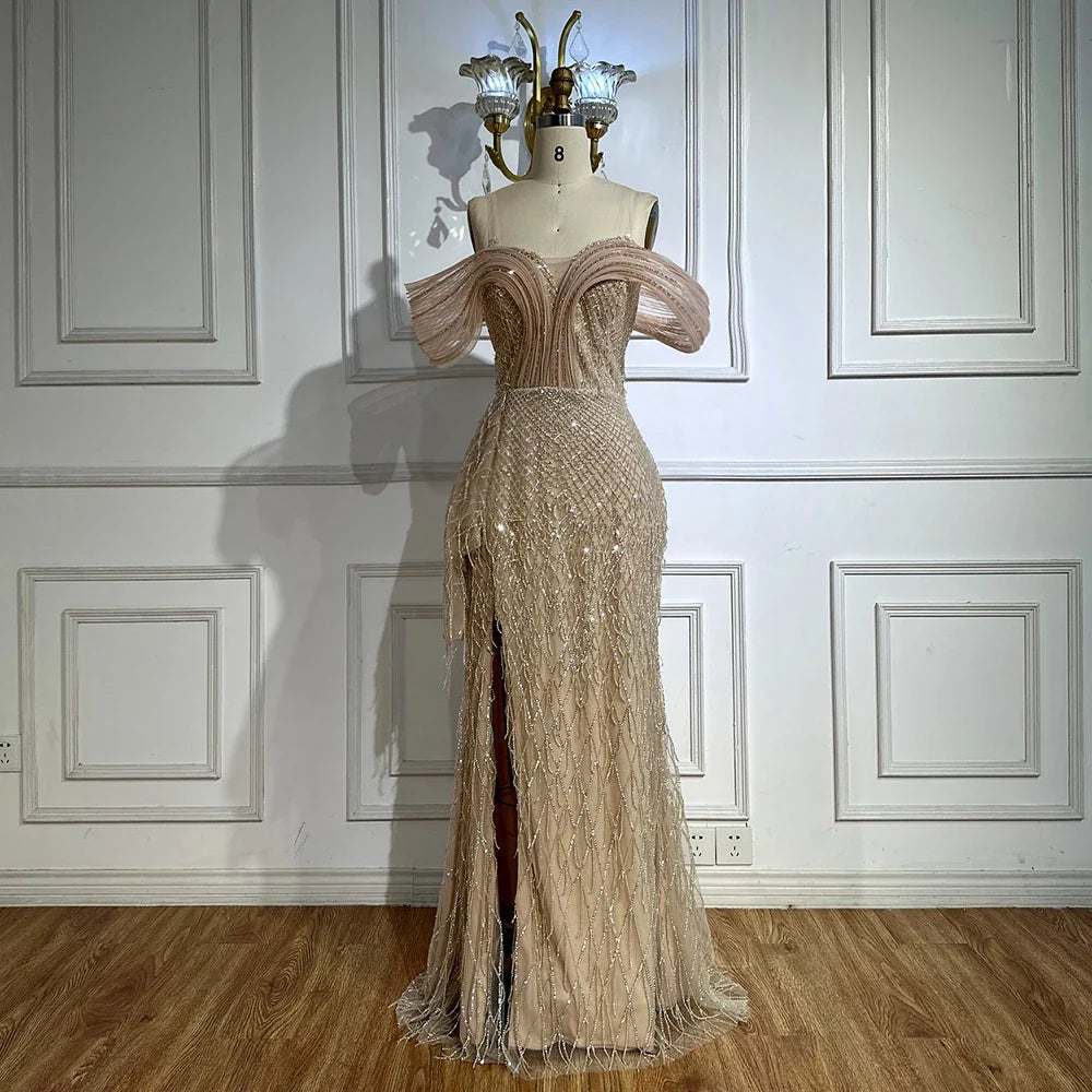 Luxury Blue Beaded Off-Shoulder Mermaid Evening Gown LA72867