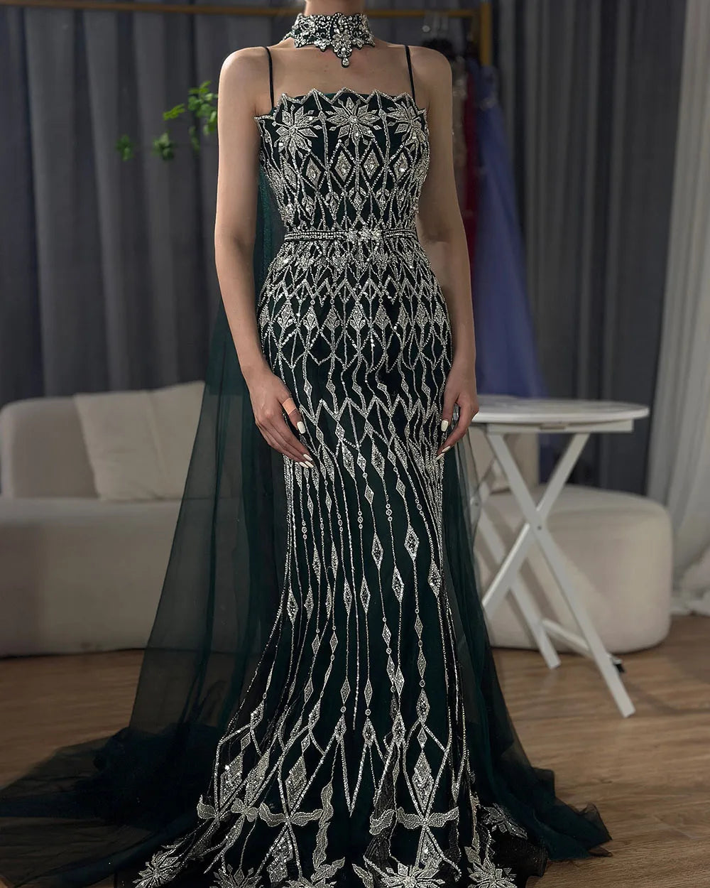 Luxury Nude Beaded Mermaid Evening Dress with Cape LA72711