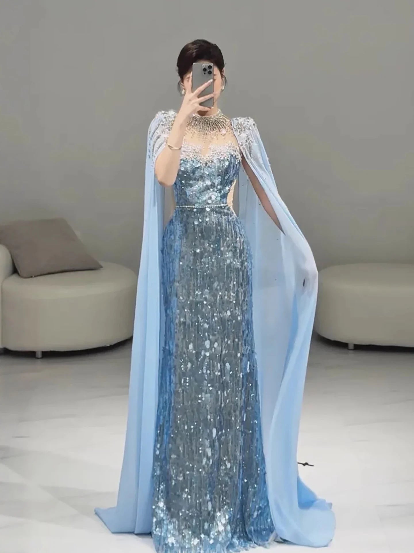Luxury Dubai Blue Mermaid Evening Dress with Cape LA73419