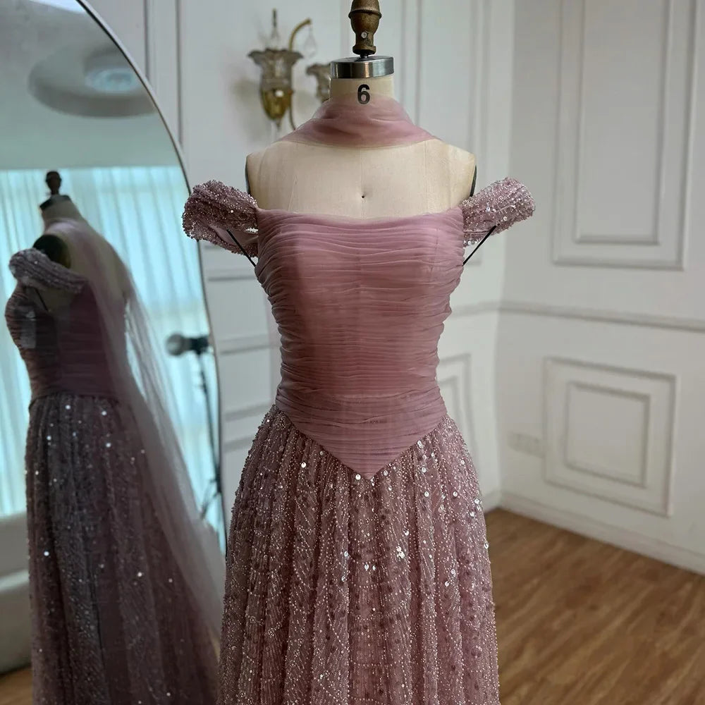 Luxury Arabic Pink Pearls Beaded Evening Dress With Cape LA72922
