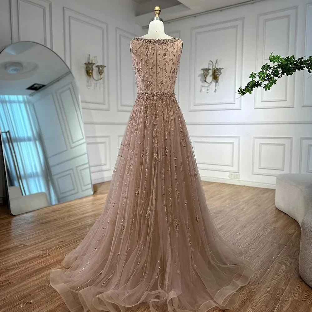Nude Square Neck Beaded A-Line Evening Dress LA72835