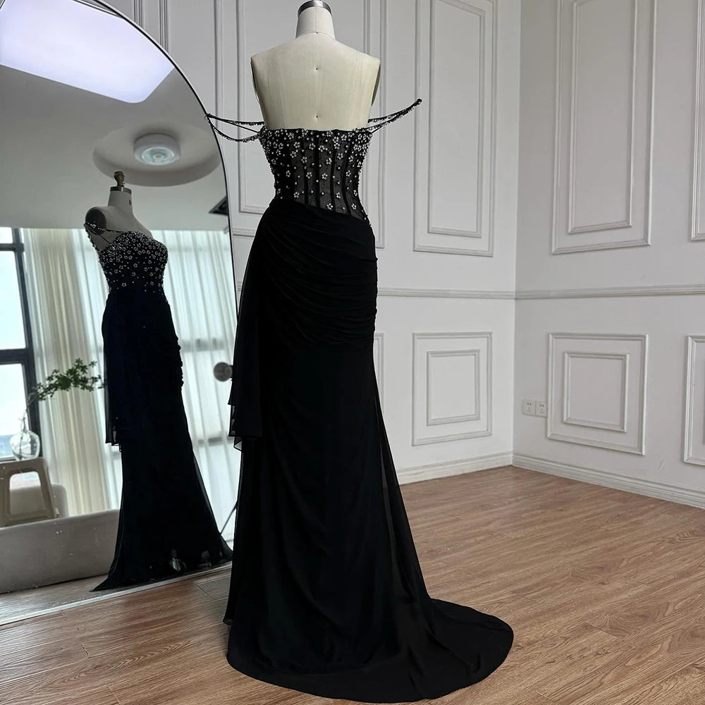 Luxury Black Beaded Mermaid Prom Dress with Spaghetti Straps LA73047