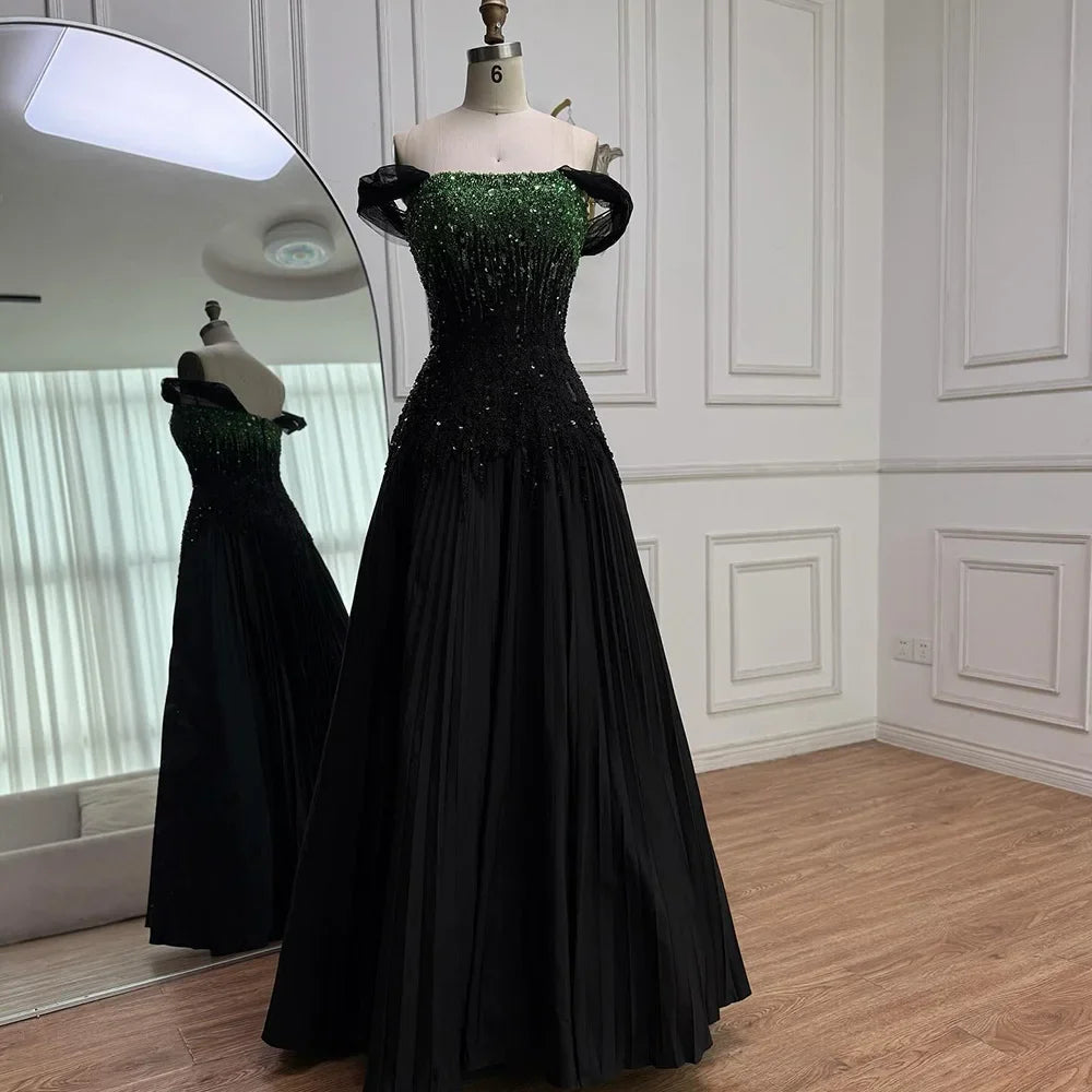 Luxury Beaded Black Green Off Shoulder Dubai Evening Dress for Party LA72406