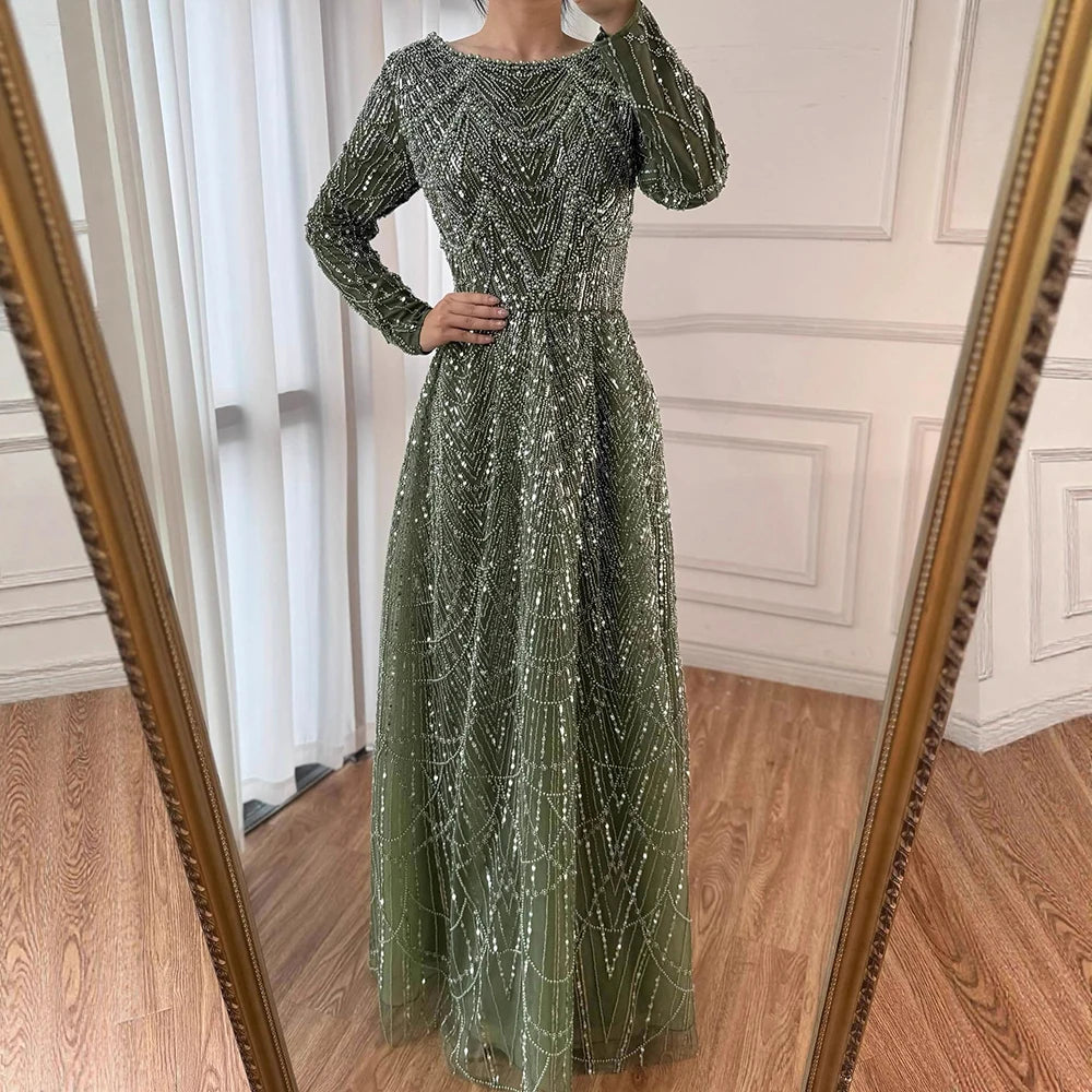 Luxury Olive Green Beaded A-Line Modest Evening Dress LA72738B