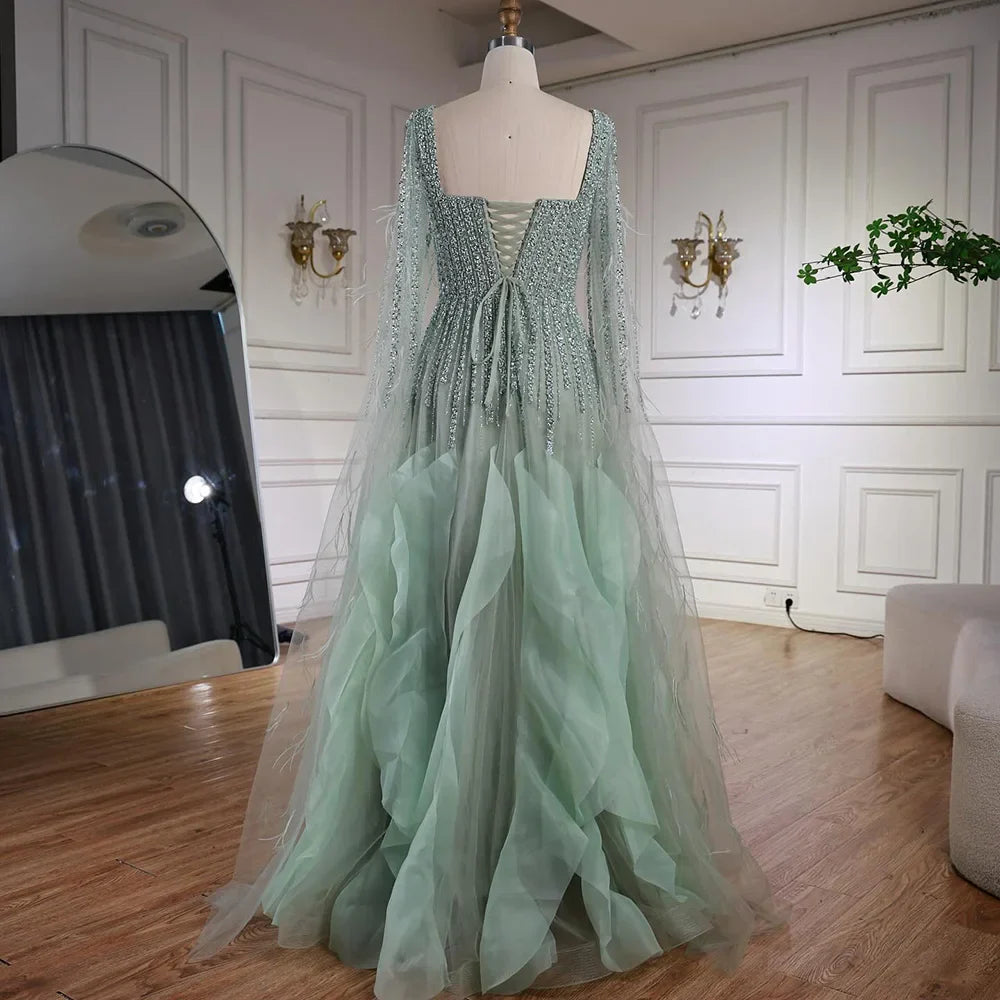 Luxury Sage Green A lina Evening Dress With Cape LA72984