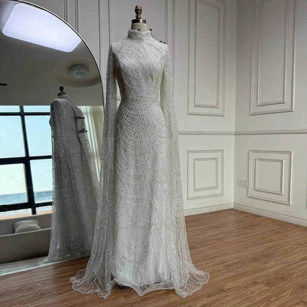 Luxury Dubai Muslim Sage Green Pearls Evening Dress With Cape Plus Size LA72591
