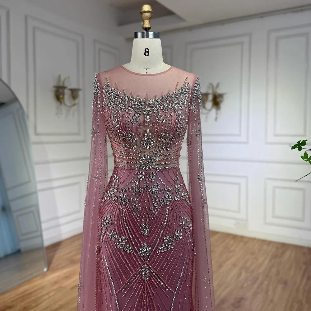 Luxury Pink Saudi Arabic Crystal Beaded Mermaid Evening Dress with Cape Sleeves LA73137