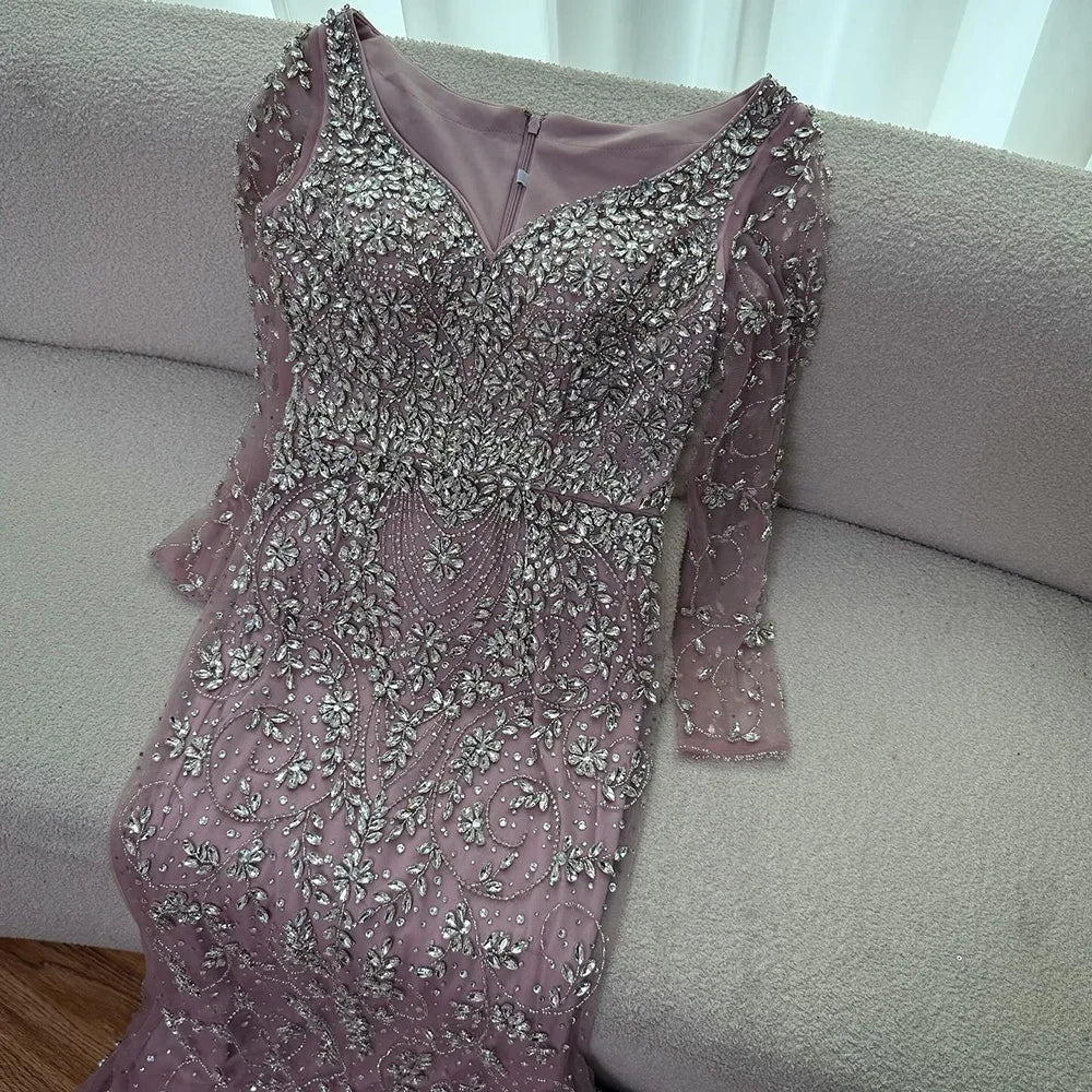 Luxury Nude Beaded Crystal Evening Dress with Long Sleeves LA73042