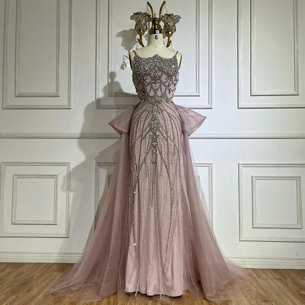 Luxury Dubai Nude Saudi Beaded Spaghetti Strap Evening Dresses Gowns with Overskirt for Formal Occasion LA72810