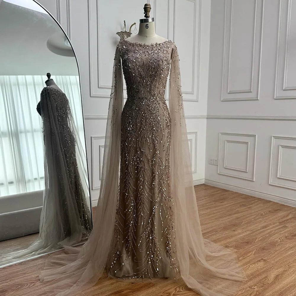 Luxury Caramel Beaded Evening Dress with Cape Sleeves LA73078