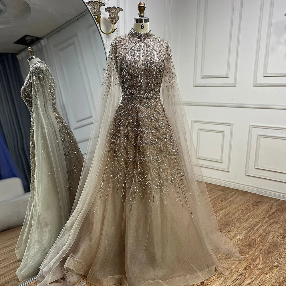 Luxury Beaded Design A-Line Blue Saudi Arabic Evening Dresses Gowns with Cape Sleeves for Formal Occasion LA72728