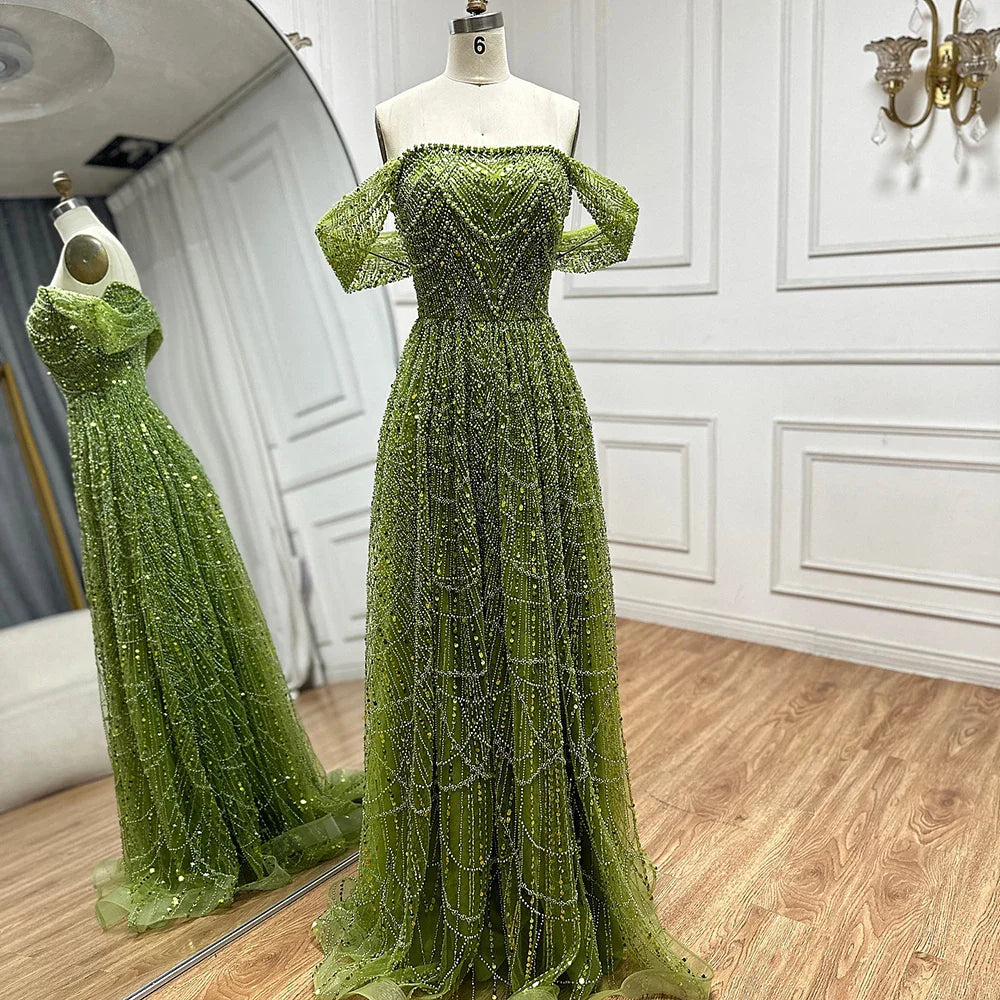 Luxury Beaded Champagne Off-Shoulder Evening Dress LA72738