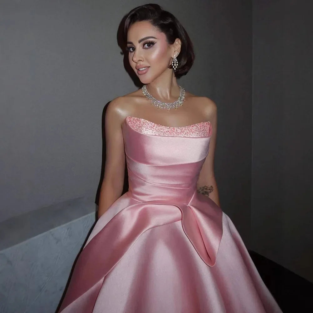 Luxury Pink Satin A-Line Evening Dress with Bow Strapless Gown LA72916