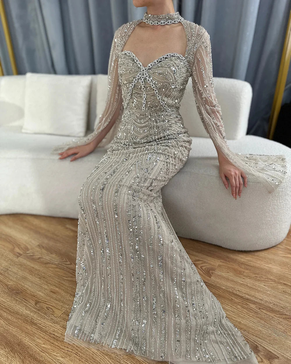 Serene Hill Luxury Dubai Nude Sweetheart Mermaid Beaded Evening Gowns with Back Split for Women's Party LA72560A