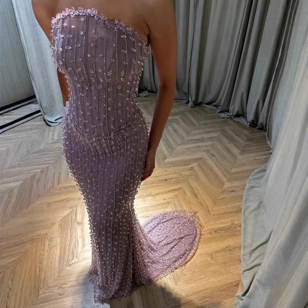 Elegant Crystal Beaded Strapless Lilac Mermaid Evening Gown LA72950