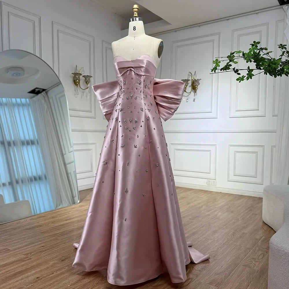 Pink Satin Strapless Mermaid Evening Gown with Big Bow LA72414B