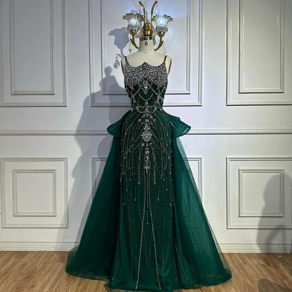 Luxury Dubai Nude Saudi Beaded Spaghetti Strap Evening Dresses Gowns with Overskirt for Formal Occasion LA72810