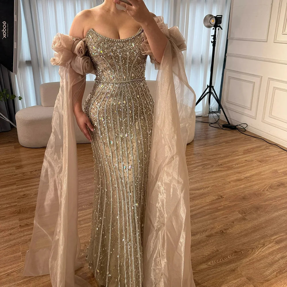 Luxury Pink Beaded Mermaid Evening Dress with Puff Sleeves LA72569