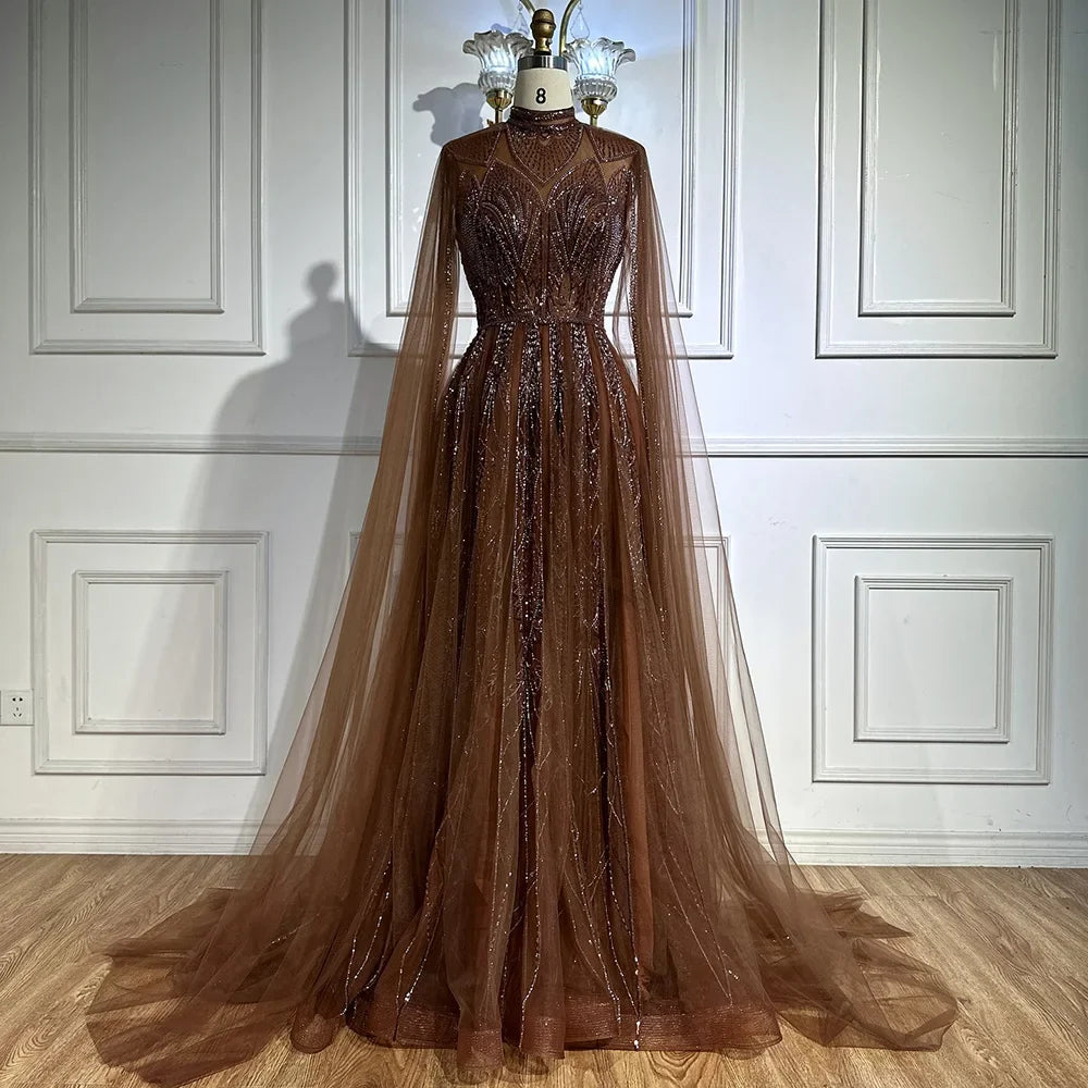 Luxury Brown Beaded Evening Gown with Cape Arabic Style LA72951