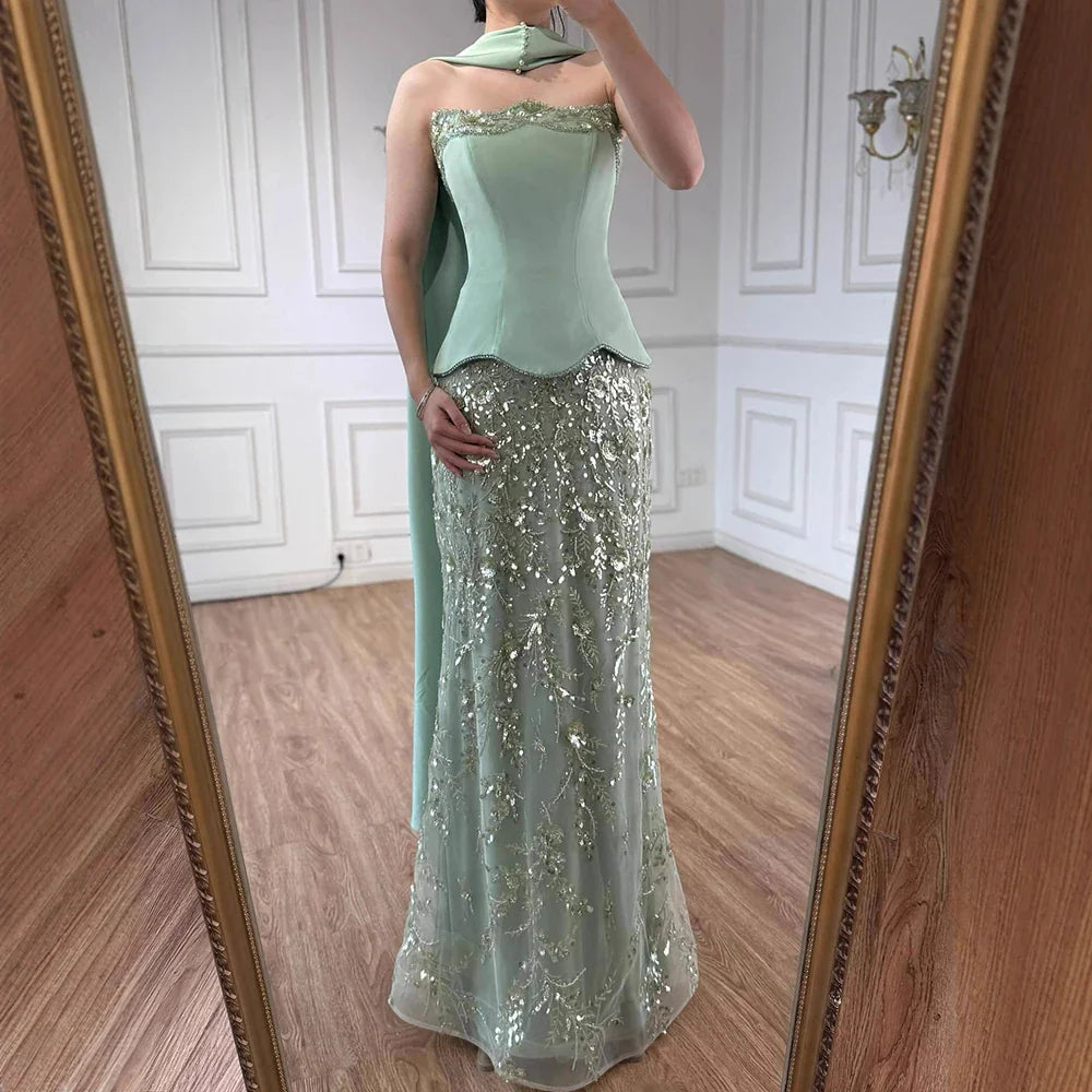 Luxury Sage Green Strapless Beaded Mermaid Evening Dress LA73050C