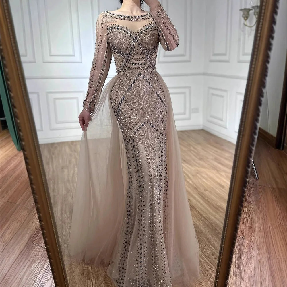 Luxury Dubai Nude Evening Dress With Long Sleeves LA72967