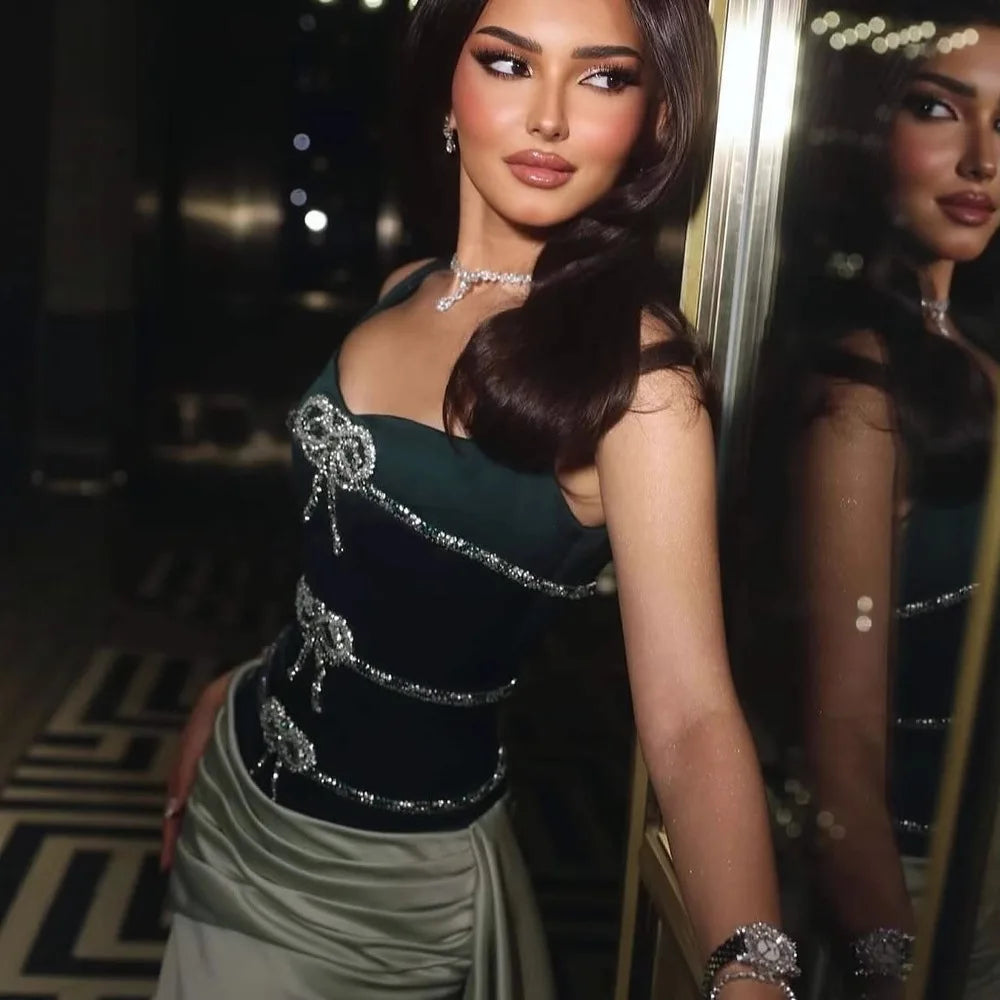 Designer Arabic Green Satin Beaded Evening Dress with Overskirt LA73057