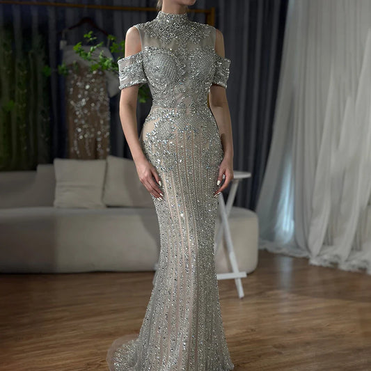 Luxury Silver Nude Crystal Beaded Mermaid Evening Dress LA72411