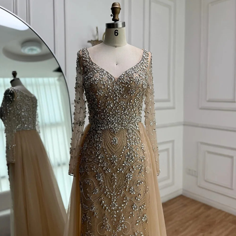Luxury Nude Beaded Mermaid Evening Dress with Overskirt LA73042A