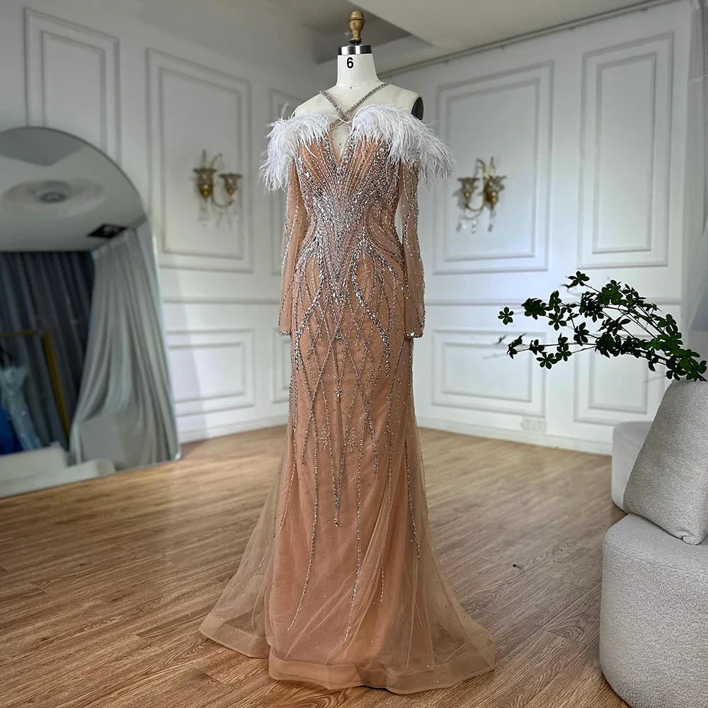 Luxury Dubai Blue Feather Beaded Luxury Mermaid Evening Dresses Gowns for Women Formal Occasion LA72836