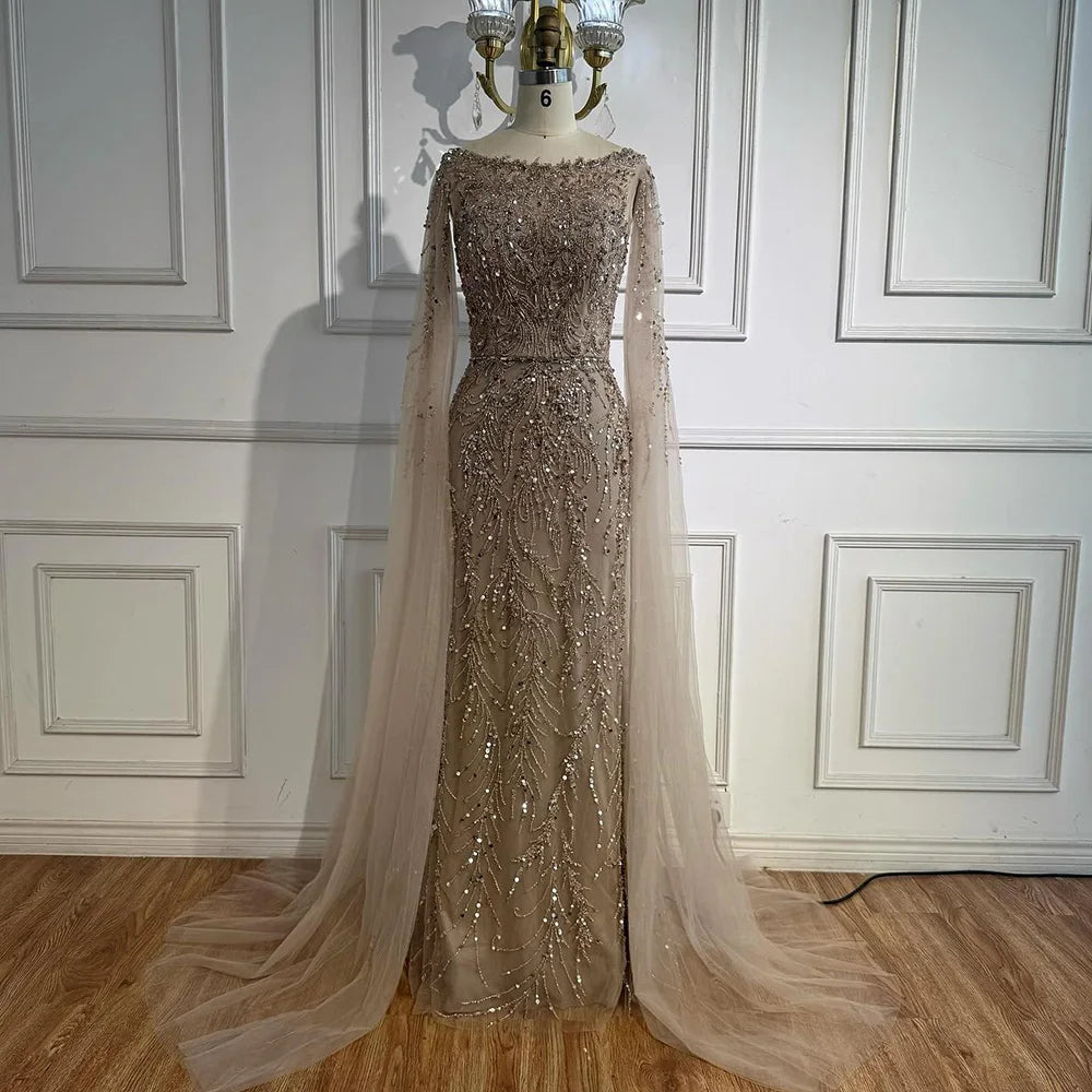 Luxury Caramel Beaded Evening Dress with Cape Sleeves LA73078