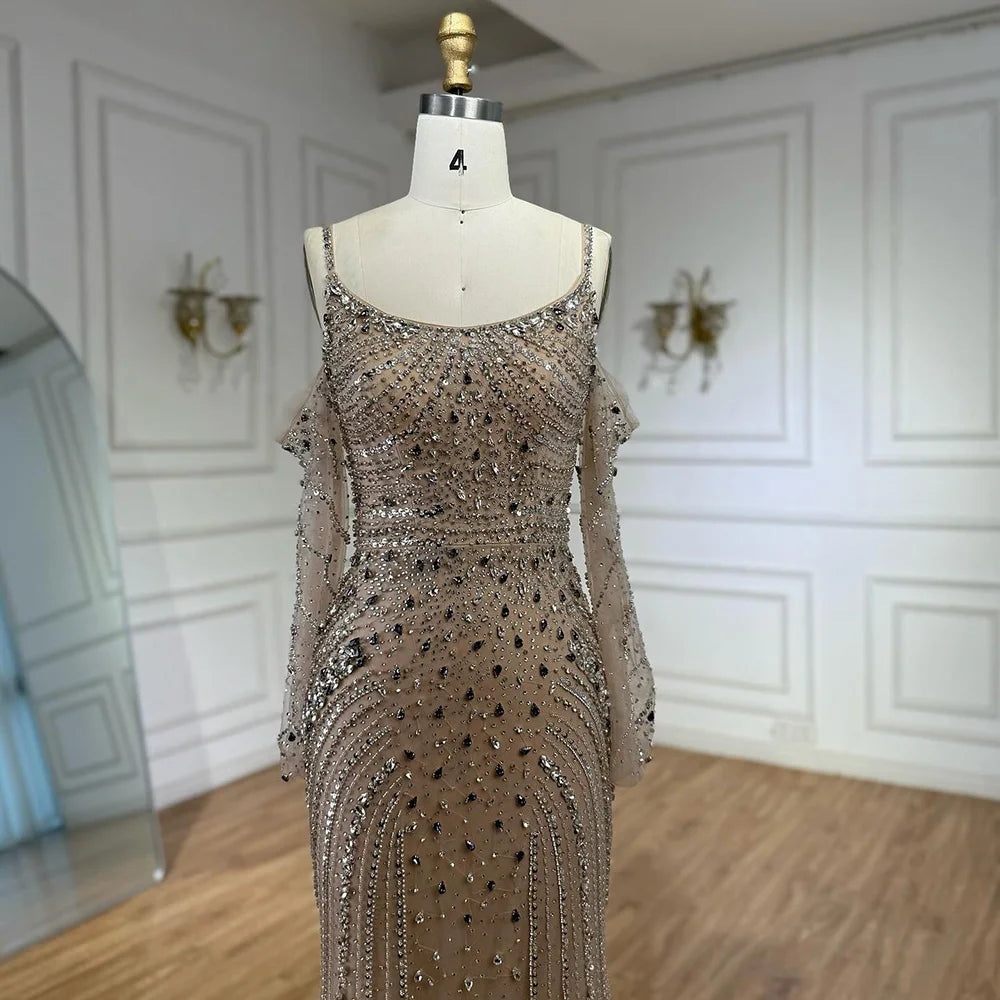 Luxury Nude Navy Blue Silver Beaded Evening Dress with Long Sleeves LA73120