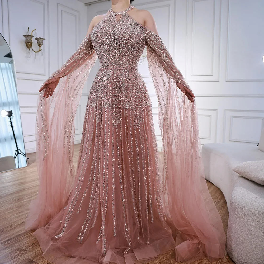 Luxury Turquoise Beaded A Line Evening Dress with Cape Sleeves LA72820