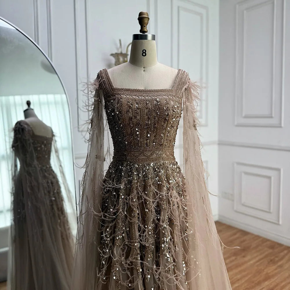 Elegant Blue Beaded Feather A-Line Evening Dress With Cape LA73043