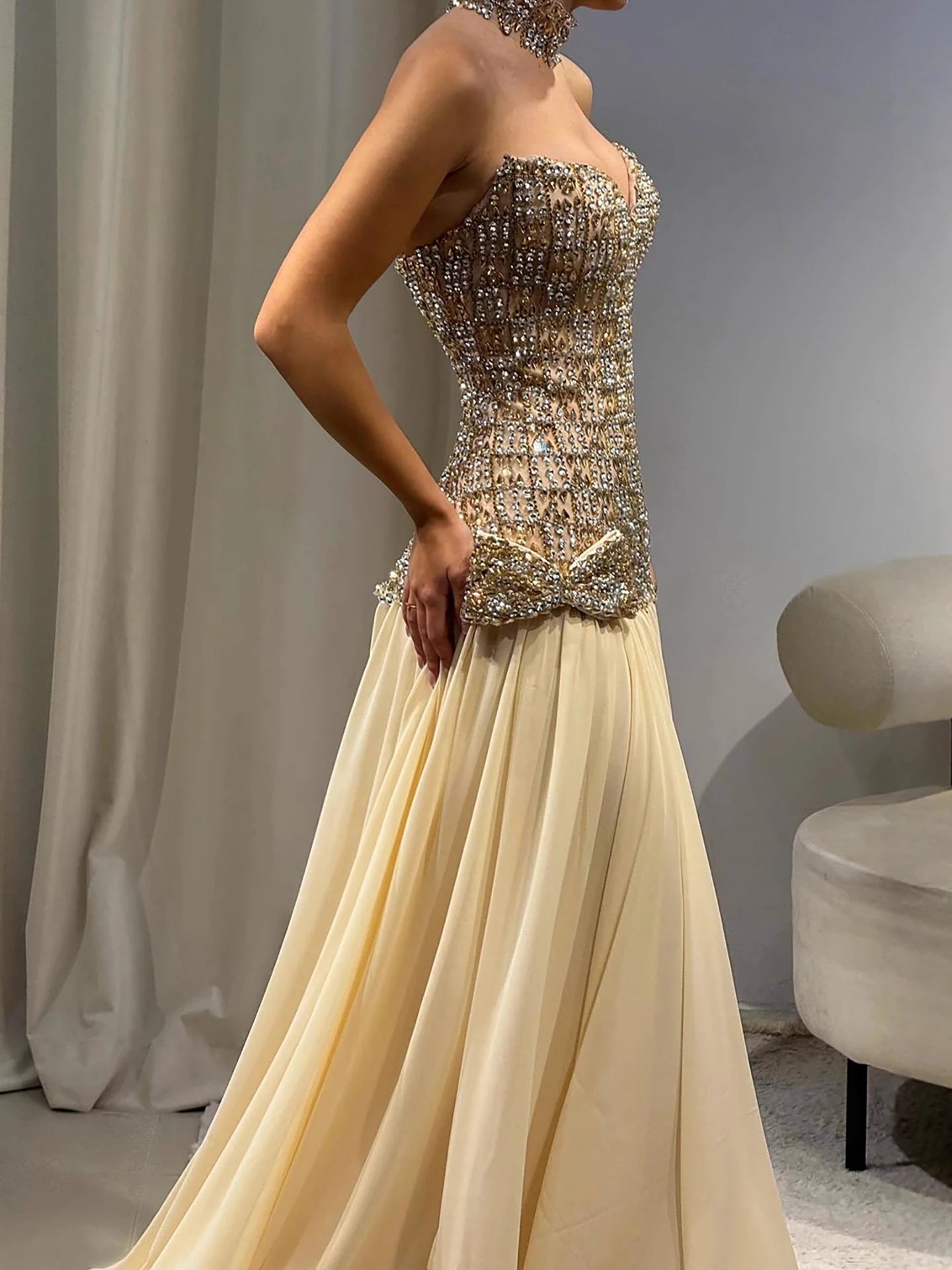 Luxury Champagne A-Line Crystal Beaded Evening Dress LA73361
