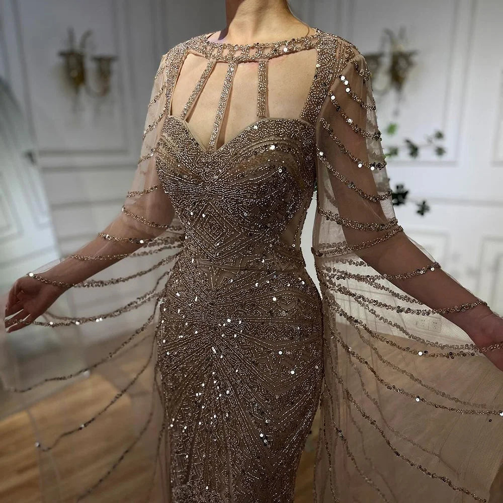 Serene Hill Arabic Caramel Mermaid Evening Dress with Beaded Elegant Cape Sleeves Gown for Formal Occasion LA72708