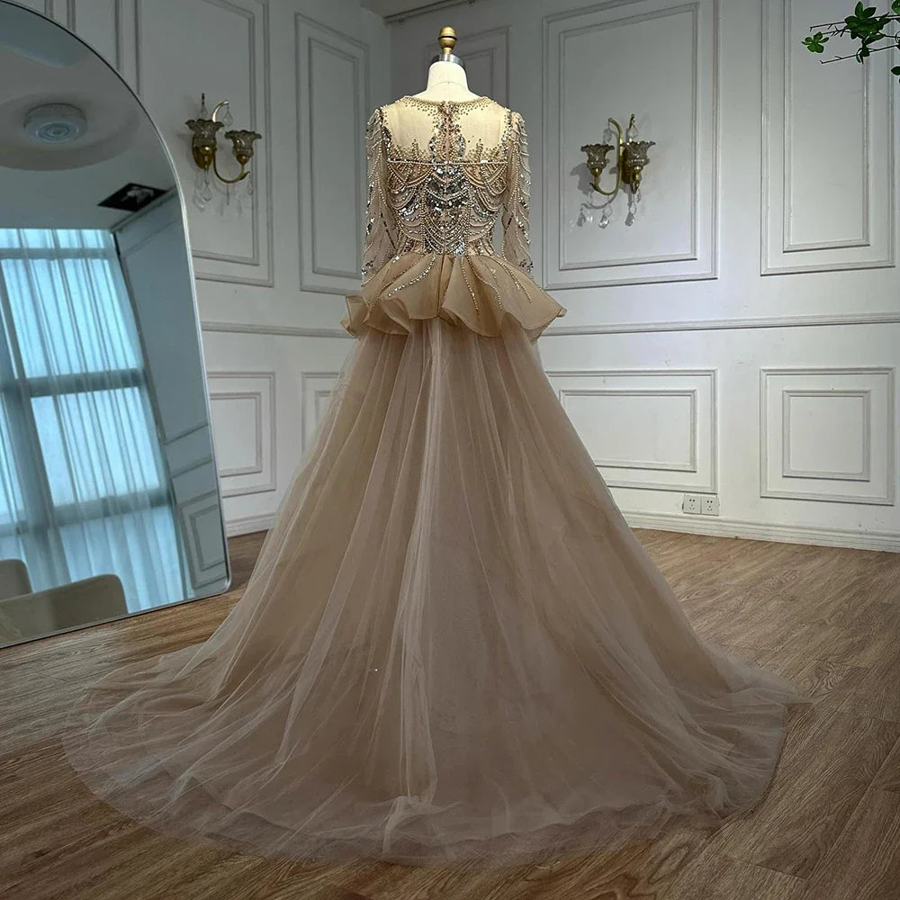 Luxury Arabic Nude Evening Dress Long Sleeve Overskirt LA72971