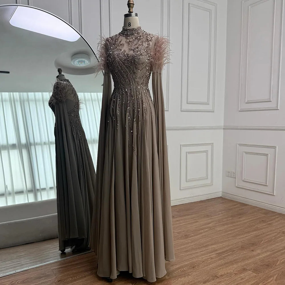 Luxury Pink Feather Beaded Evening Dress with Long Cape Sleeves LA72982